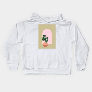 Monstera plant and arched window - matcha green Kids Hoodie